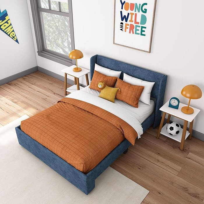 Max & Lily Upholstered Full Bed Frame with Rectangular Headboard, Upholstered Platform Bed for Ki... | Amazon (US)