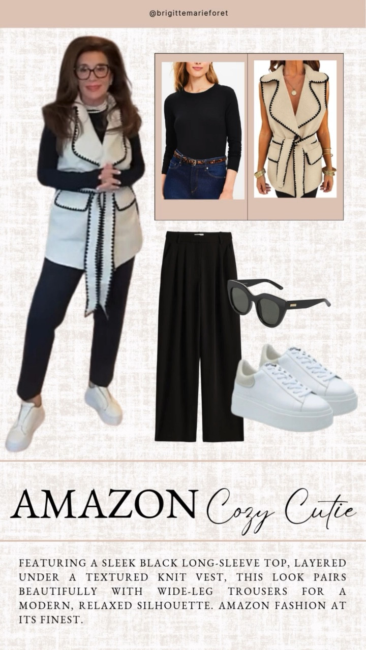 Featuring a sleek black long-sleeve top, layered under a textured knit vest, this look pairs beautifully with wide-leg trousers for a modern, relaxed silhouette. Amazon fashion at its finest.

#LTKStyleTip #LTKSeasonal #LTKTravel
