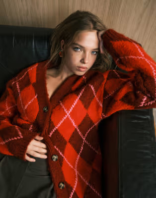 ASOS DESIGN argyle brushed boyfriend cardigan in red | ASOS (Global)