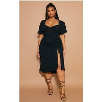 Plus Black Puff Sleeve Ruched Split Side Midi Dress | PrettyLittleThing US