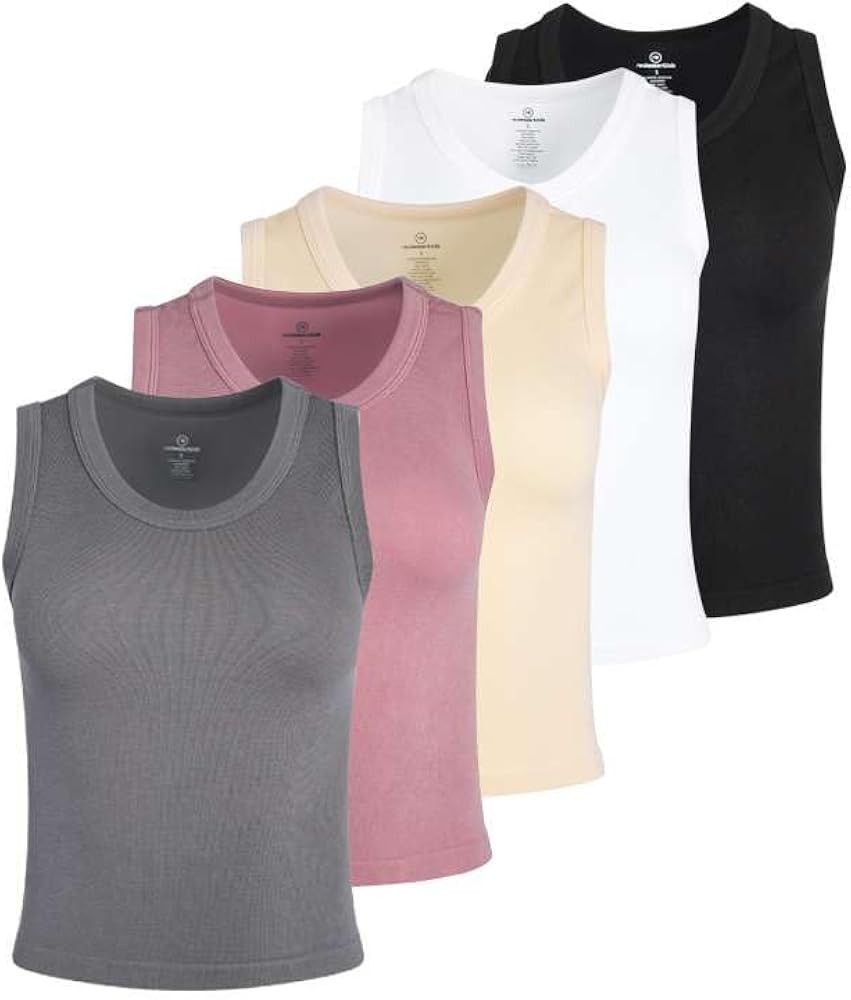 Real Essentials 5 Pack: Women's Seamless Ribbed Sleeveless Cropped Scoop Neck Tank Top - Casual C... | Amazon (US)