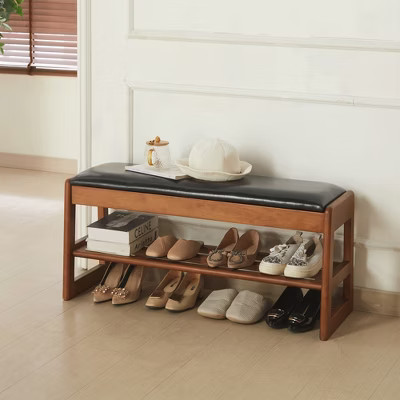 GDFStudio Helena Rustic Rubberwood Faux Leather Upholstered Shoe Storage Bench, Walnut | Target