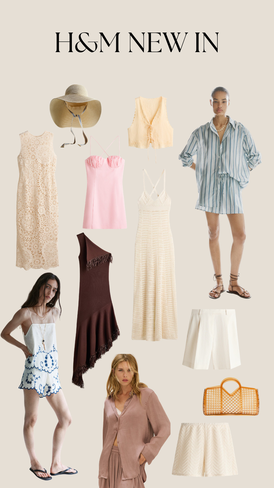 H&M, new in, summer fashion, neutral palette, cream tones, pastel pink, chocolate brown, striped co-ord, linen look, crochet dress, lace midi dress, pink mini dress, one shoulder brown dress, white embroidered mini dress, cream knitted maxi dress, cream tailored shorts, sheer blouse and skirt set, tie front vest, floppy sun hat, orange woven tote, lace up flat sandals, flip flops, holiday outfits, resort wear, beachwear, warm weather style, effortless chic, feminine summer style 

 #LTKsummer #LTKeurope #LTKtravel