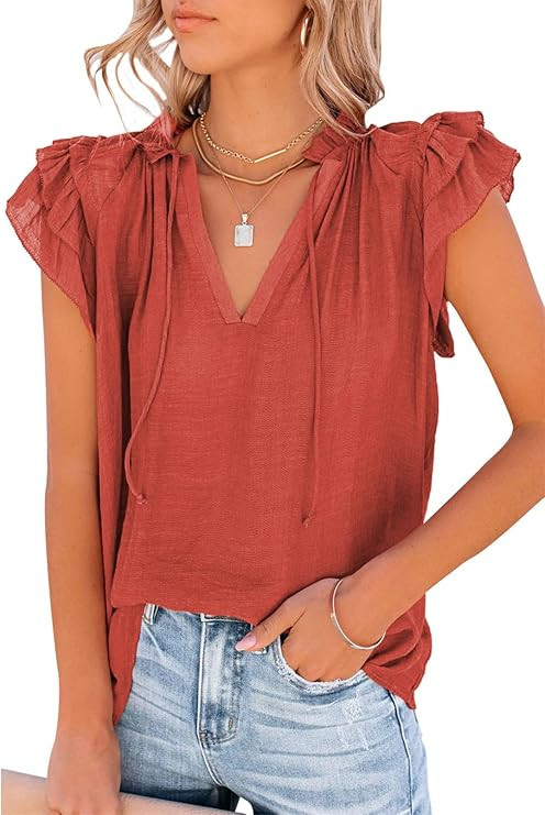 Dokotoo Women's Casual V Neck Tops Drawstring Short Sleeve T Shirt Blouses | Amazon (US)
