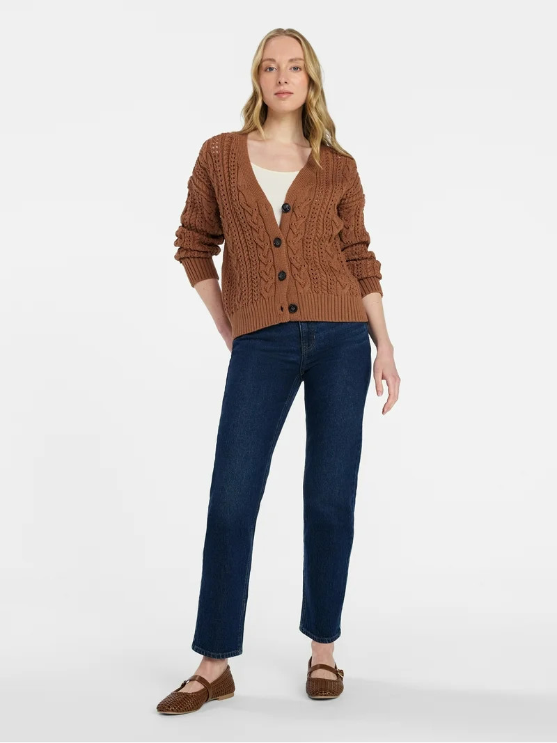 Time and Tru Women's Cable Knit Cardigan Sweater with Long Sleeves, Lightweight, Sizes XS-XXXL | Walmart (US)