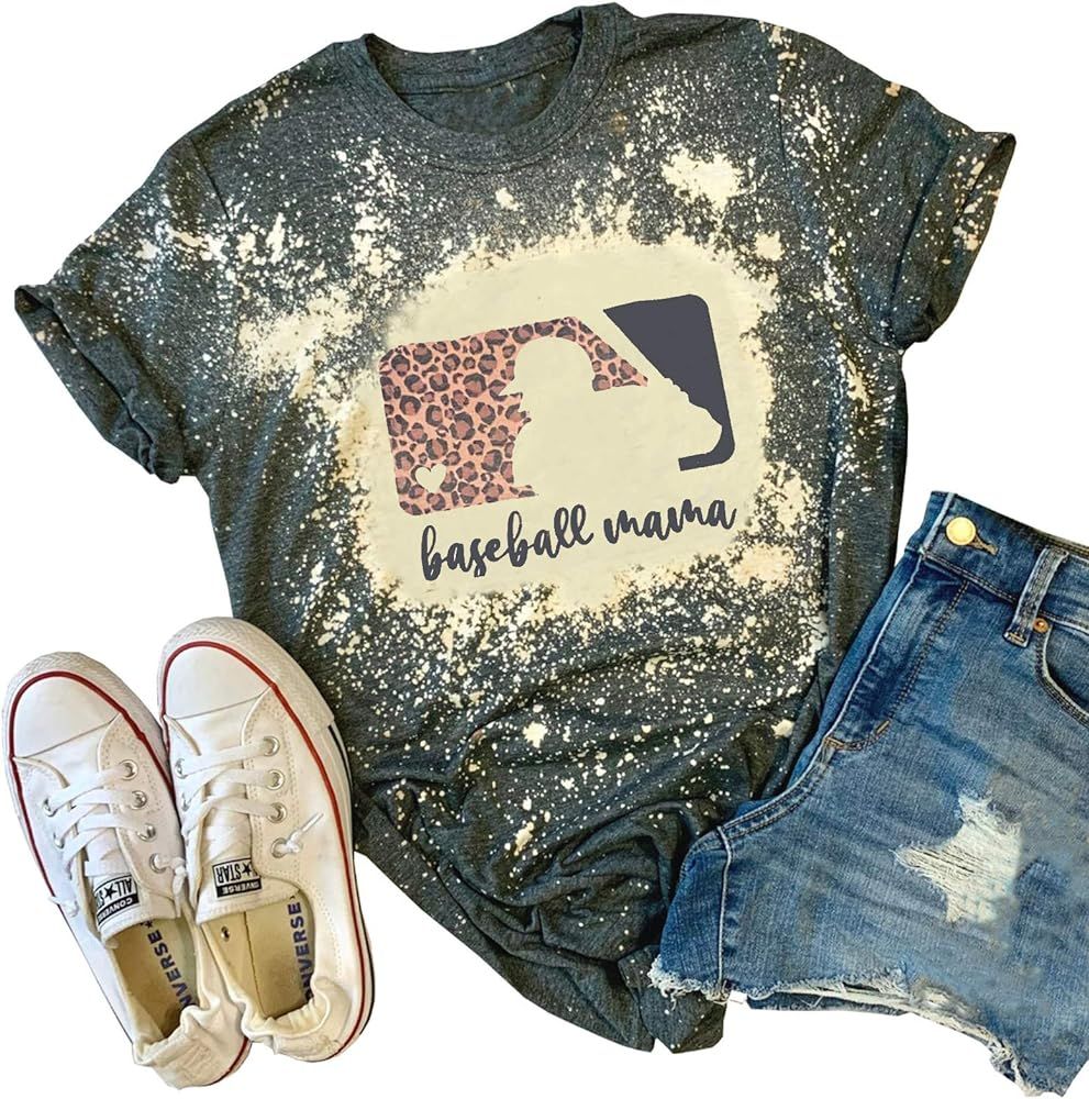 Baseball Mama Bleached T-Shirt for Women Funny Leopard Graphic Mama Distressed Shirt Letter Print... | Amazon (US)