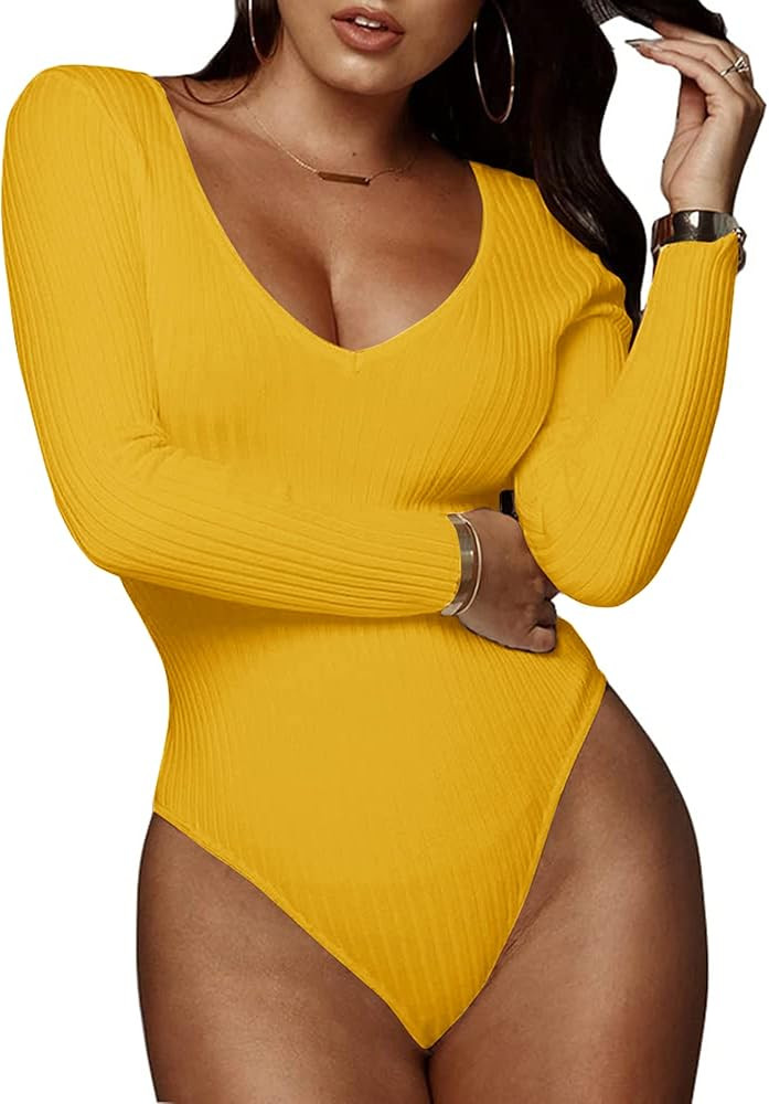 GEMBERA Women's Deep V Neck Long Sleeve Bodysuit Ribbed Knit Bodycon Basic Bodysuit Tops | Amazon (US)