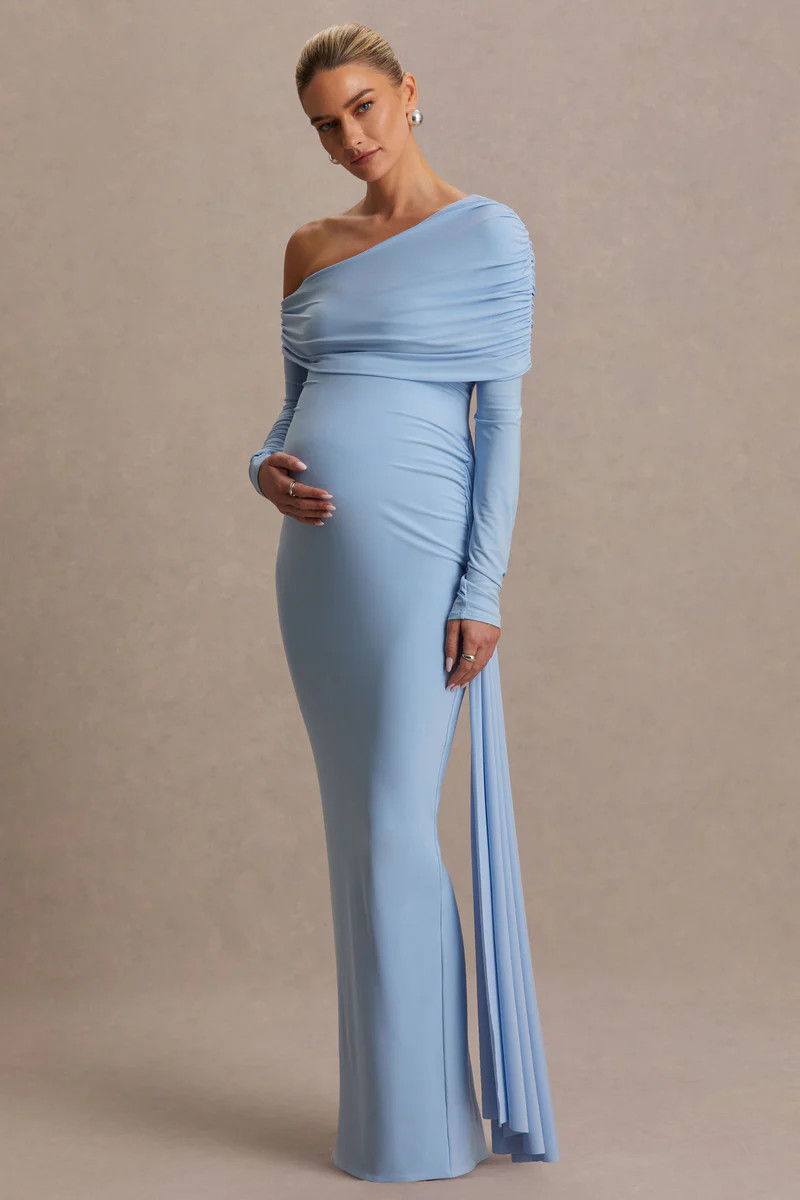 Amara  Powder Blue Asymmetric-Neck Maternity Maxi Dress With Sash Detail | Club L London