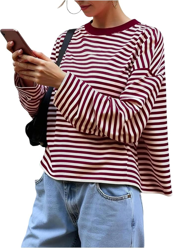 Women's Striped T Shirts Ribbed Knit Long Sleeve Shirt Crew Neck Fall Tops 2025 Streetwear | Amazon (US)