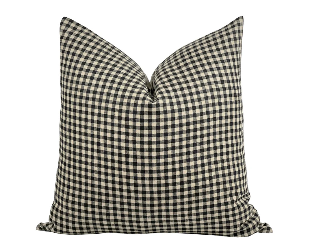 RAVEN Black and Beige Check Linen Pillow Cover, Neutral Pillow, Farmhouse Pillow, Black Gingham P... | Etsy (US)