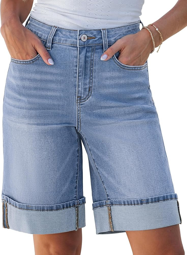 luvamia Jean Bermuda Shorts for Women High Waisted Knee Length Cuffed Long Stretchy Denim Shorts ... | Amazon (US)