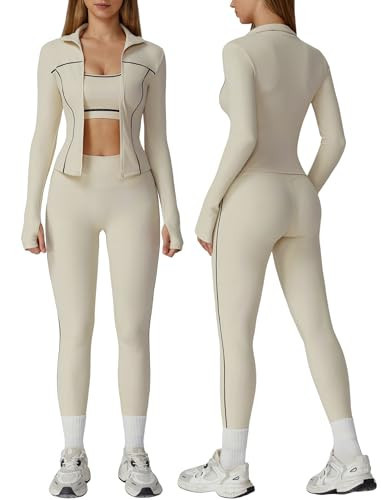 ABOCIW 3 Piece Workout Sets for Women Zipper Long Sleeve Jacket with Thumb Holes Contrast Trim Racerback Sports Bra High Waist Leggings Gym Sets Yoga Pilates Outfits Apricot Medium | Amazon (US)