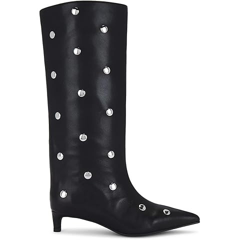 QIV Studded Knee High Boots Women Pointed Toe Kitten Heel Mid Wide Calf Boots with Zipper | Amazon (US)