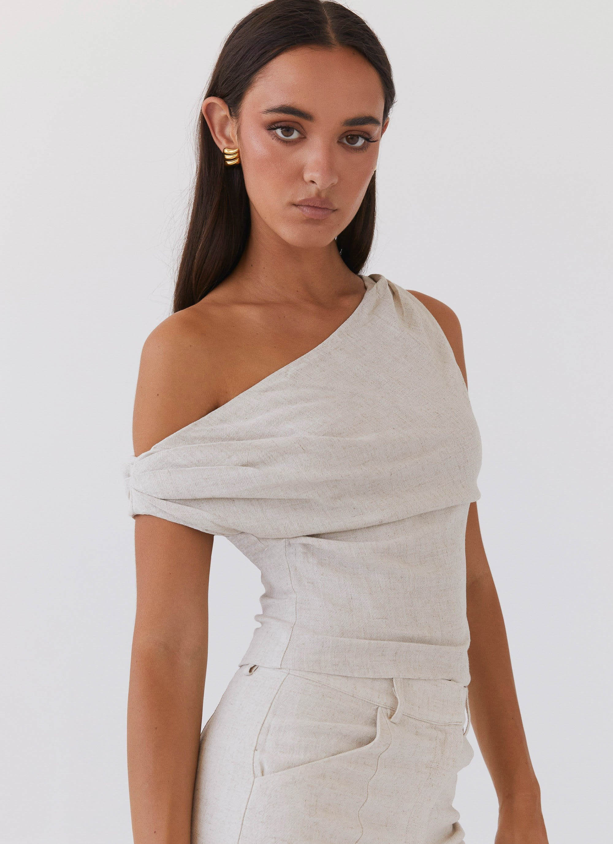 Marissa Linen One Shoulder Top - Oatmeal | Peppermayo (Global)
