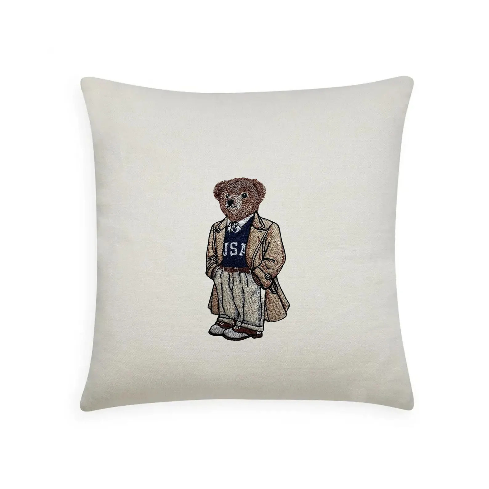 Preppy USA Bear Embroidered Pillow Vintage Americana Decor | Classic Polo-style Bear | Neutral Nu... | Etsy (US)