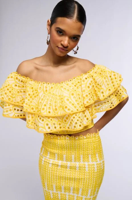 SUMMER LOVING OFF THE SHOULDER RUFFLE CROP BLOUSE IN YELLOW | AKIRA