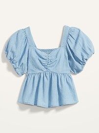 Chambray Puff-Sleeve Waist-Defined Top for Women | Old Navy (US)