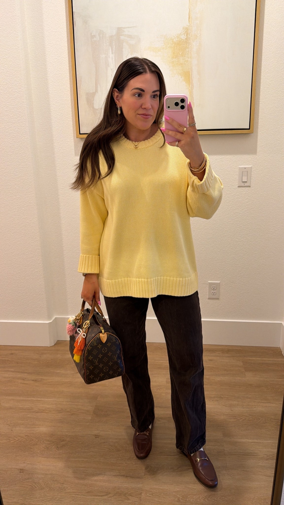 curvy midsize winter look! wearing size large in butter yellow sweater and size 30 in chocolate brown denim 💛🤎 

#LTKSeasonal #LTKFindsUnder100 #LTKMidsize