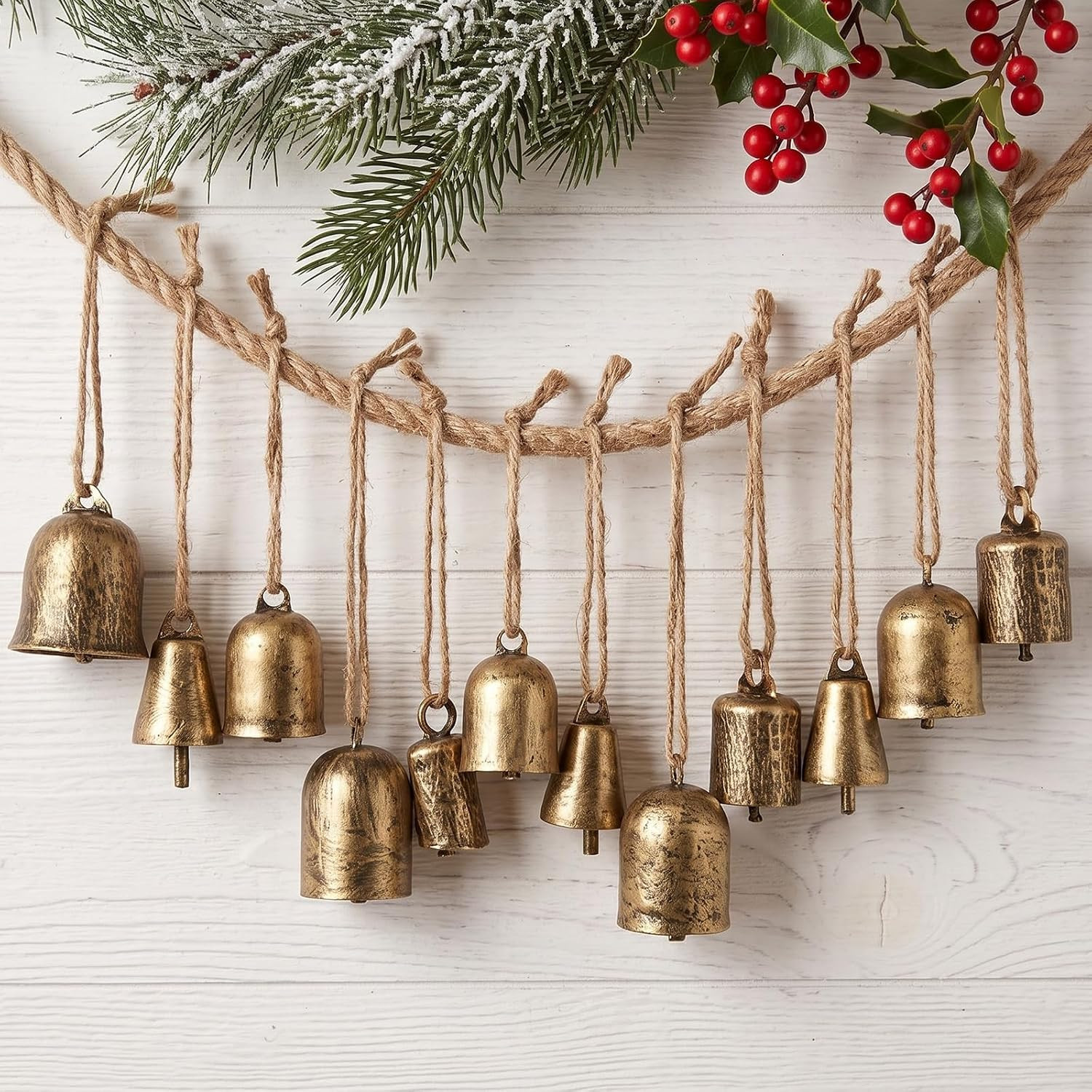 Flutesan 12 Pack Rustic Vintage Christmas Bells 4 Styles Antique Gold Bells on Jute Hanging Rope Antique Gold Vintage Metal Cone, Tube, Bell Shapes Wind Chimes for Home Garden Christmas Decor | Amazon (US)