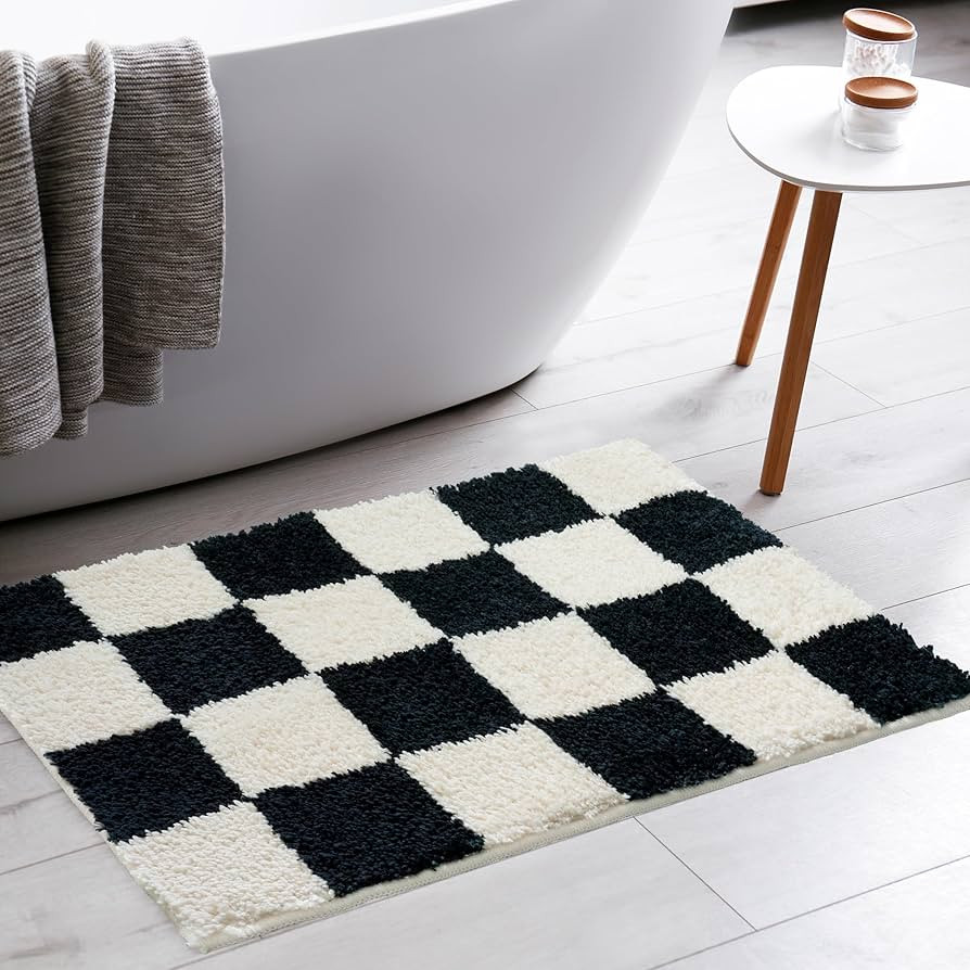 Tititex Luxury Black Beige Checkered Grid Bathroom Rug, 20"x32" Classic Checkerboard Extra Soft a... | Amazon (US)