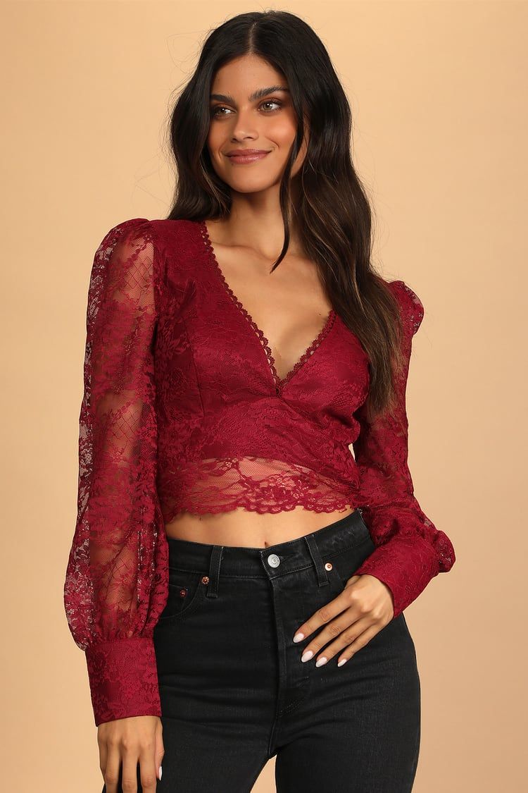 Sultry Allure Burgundy Lace V-Neck Long Sleeve Crop Top | Lulus (US)