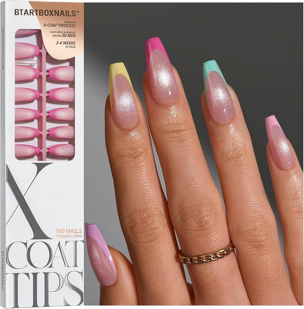 BTArtboxnails XCOATTIPS 5 Brighter Pastel French Tip Press on Nails - Medium Coffin, Cat Eye Base... | Amazon (US)