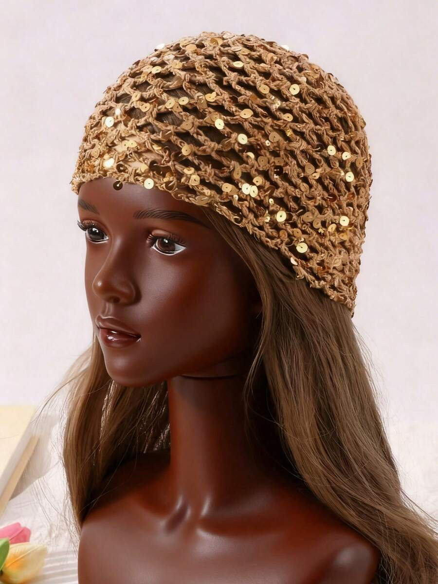 1pc Women's Fashion Hollow Crochet Sequin Beanie, Suitable For Everyday Wear,Hijab,Moños,Hijabs ... | SHEIN