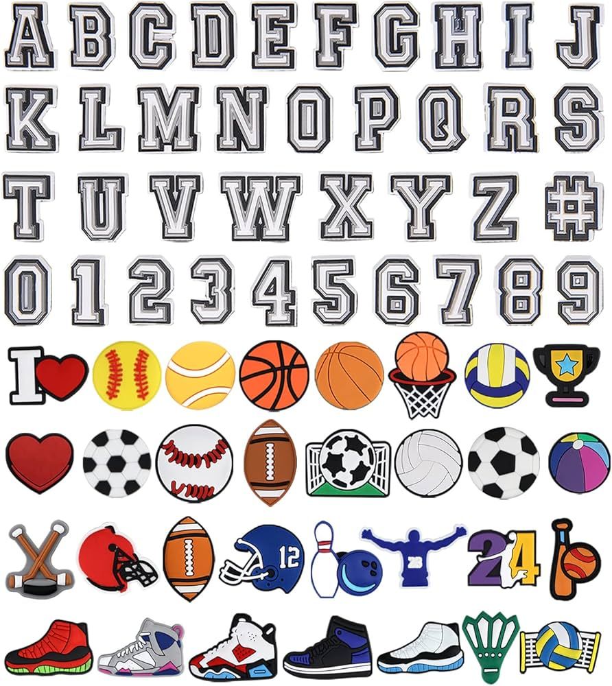 Letters Numbers and Sports Charms for Clog Shoe Decoration, Basketball Baseball Hockey Softball S... | Amazon (US)