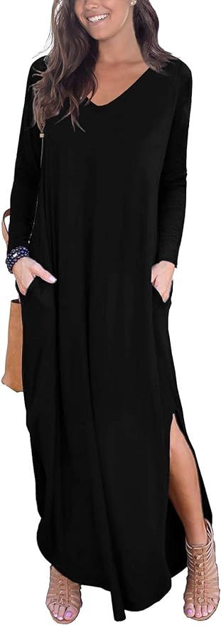 GRECERELLE Women's Casual Loose Pocket Long Dress Long Sleeve Split Maxi Dresses | Amazon (US)