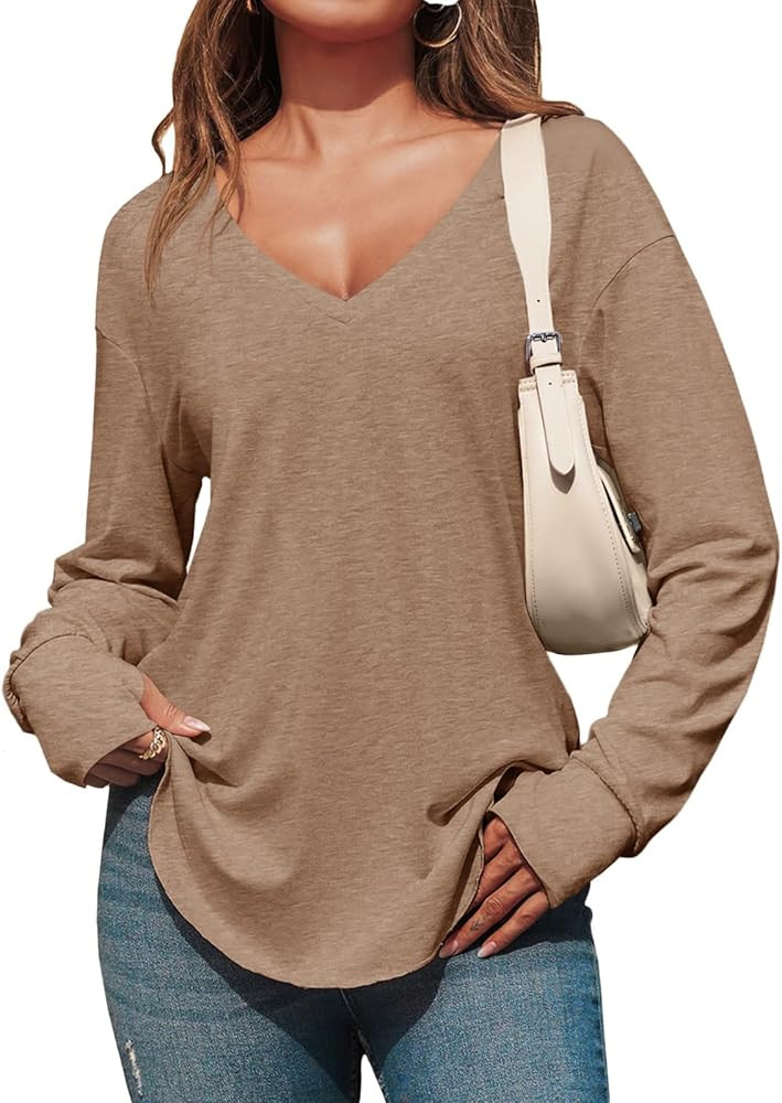 Tankaneo Womens Deep V Neck Tunic Tops Long Sleeve Oversized Casual Loose Fit Curved Hem T Shirts | Amazon (US)