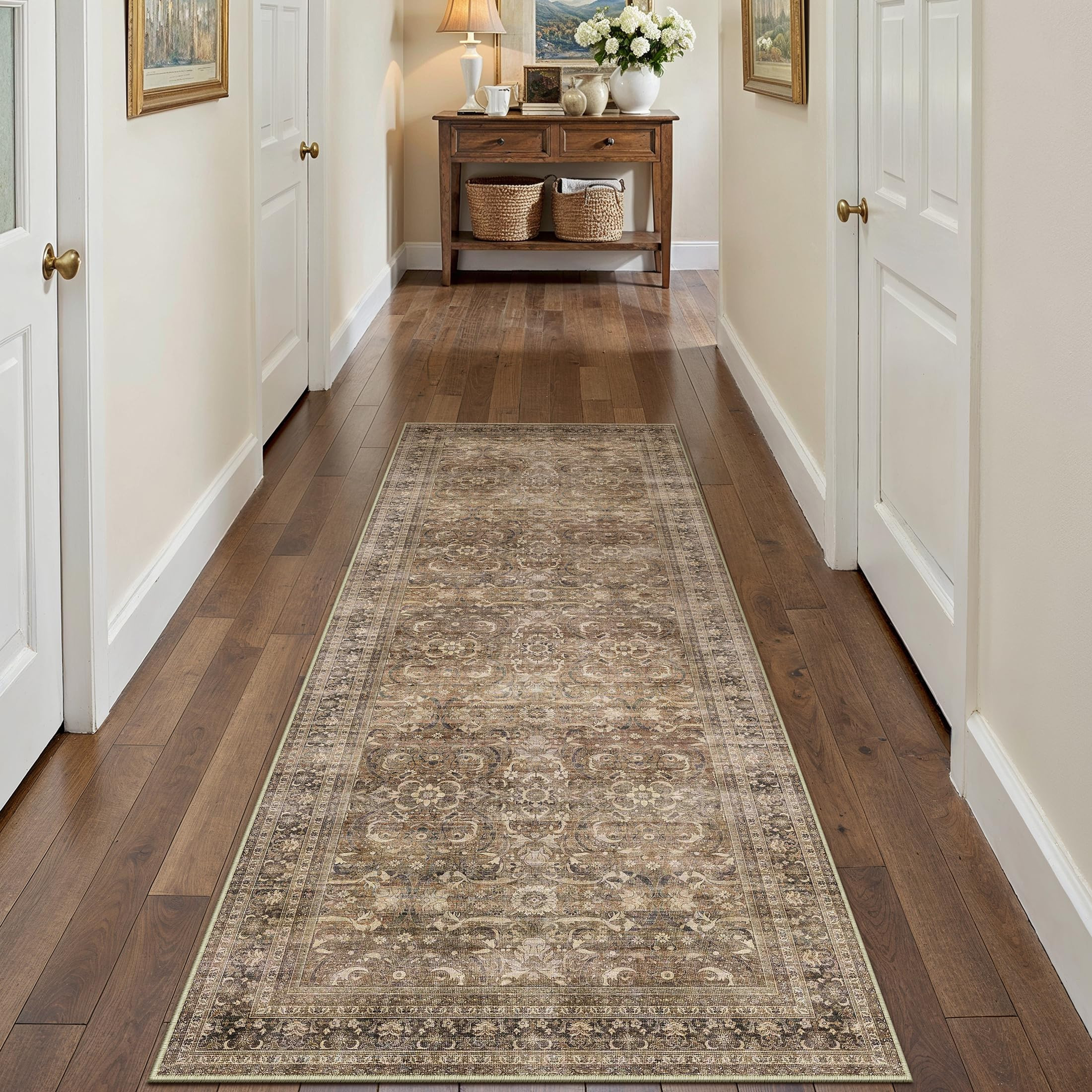 HUGEAR 2x6 Runner Rug Hallway Vintage Brown Machine Washable Retro Floral Low Pile Carpet Vacuuma... | Amazon (US)