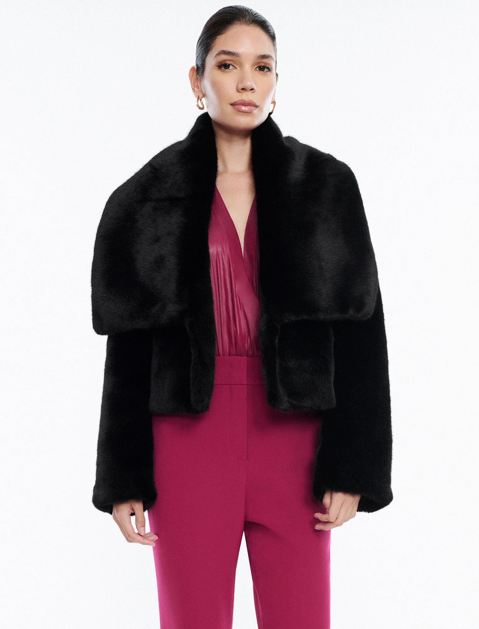 Black Faux Fur Crop Coat | Outerwear | BCBGMAXAZRIA | BCBG Max Azria 