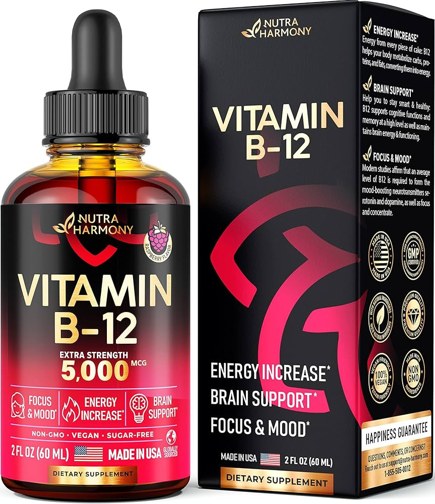 NUTRAHARMONY Vitamin B12 Liquid - Sublingual Vegan Methylcobalamin Drops - Extra Strength 5000 mc... | Amazon (US)