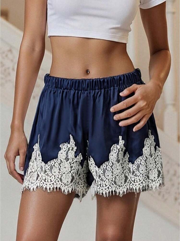 EU/UK WarehouseWomen Satin Boxers Shorts Y2k Lace Trim Low Rise Lounge Micro Mini Pajama Shorts | SHEIN
