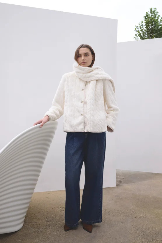 Textured Faux Fur Scarf Neck Coat | Karen Millen UK + IE + DE + NL