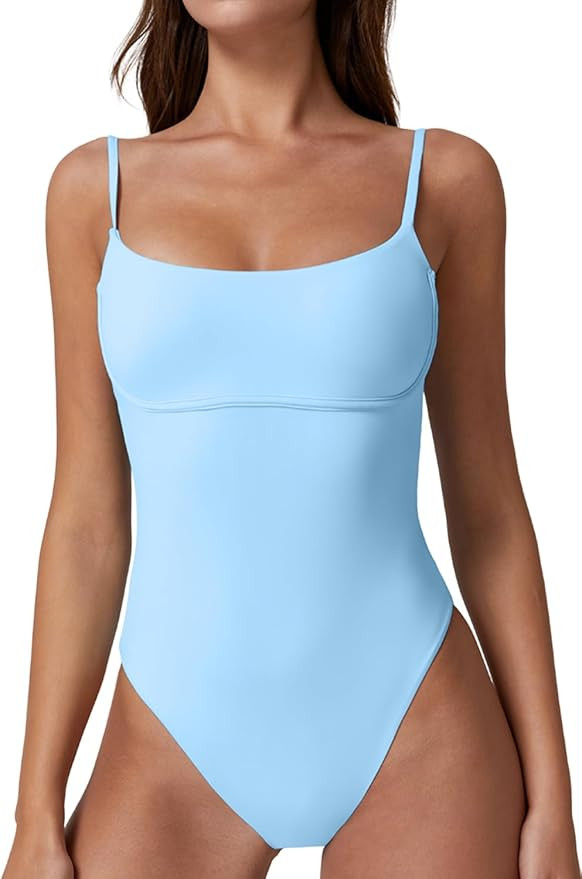 QINSEN Womens Seamed Cup Spaghetti Straps One Piece Bathing Suits Tummy Control Cheeky Swimsuit | Amazon (US)