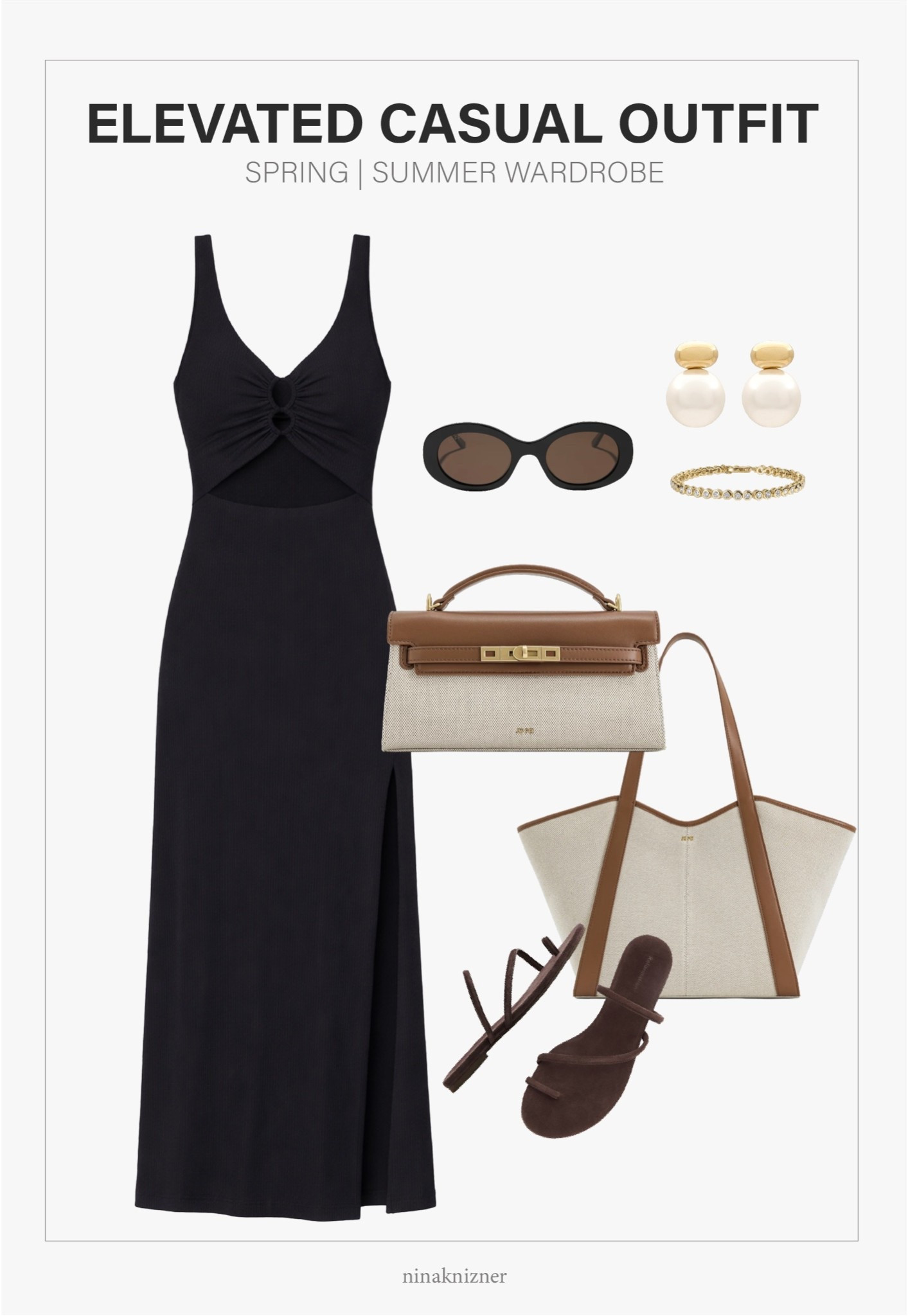 Easy, but elevated way to style a black dress..This outfit pairing feels modern, but also elegant, it gives a very Southern European vibe. Perfect for lunch or relaxed outdoor dinners. Can totally see this outfit for Italy or France.

Pairing some of my favorite items I own, love and wear all the time (especially my favorite dress, the Camille) with something new I’m trying; canvas. Canvas screams relaxed and summery, and when paired with leather and in a  modern shape, it can look very high end. I came across the Bria Bag on a recent Nordstrom trip, and it instantly stopped me in my tracks. Currently playing with the different versions of this bag, because I really want one for the summer. The tote is also very cute and utilitarian. 

- L*Space - Camille Dress in Black
- DIFF Eyewear - Lainey 52mm Polarized Oval Sunglasses in Black Brown
- SHASHI - Empress Pearl Earring in Gold & Pearl
- Electric Picks - Mini Jewel Bracelet in 14K Gold Plated (with a lifetime guarantee, they will replace your jewelry for free)
- JW PEI Bria Handle Bag in Brown Canvas
- JW PEI Large Kiana Canvas Tote in Brown
- Reformation - Ludo Toe Ring Strappy Flat Sandals in Espresso Suede

#spring #springoutfits2026 #womenspringoutfits #summer #summeroutfits2026 #womensummeroutfits  #traveloutfits #destinations #beachvacation #coastal #westcoast #coastalcalifornia #vacation #sightseeing #village #mediterranean #essentials #staples #capsulewardrobe #minimalist #basics #lspace #dress #springdress #summerdress #maxidress #mididress #sundress #blackdress #ovalsunglasses #brownsunglasses #leathersandals #suede #sandals #flats #slipons #shoes #springshoes #summershoes #travelshoes #strappysandals #bucketbag #springbag #summerbag #canvas #canvasbag #jewelry #pearl #pearplearrings #tennisbracelet

#LTKTravel #LTKSeasonal #LTKootd
