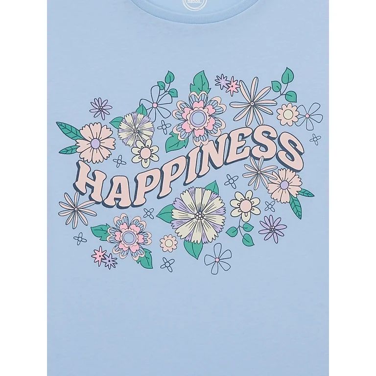 Wonder Nation Girls Floral Happiness Short Sleeve Graphic T-Shirt, Sizes 4-18 - Walmart.com | Walmart (US)