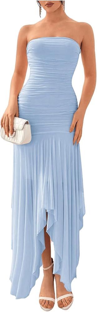 Floerns Tube Tops Dress for Women Asymmetrical Stretch Sexy Ruched Long Bodycon Cocktail Evening ... | Amazon (US)