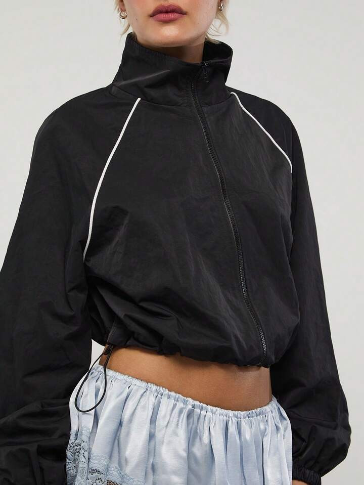 COUREZ High Neck Cropped Track Jacket In Nylon With Piping Detail /Y2K Spring Clothes For Women Lightweight Black Jackets For Women Sporty Jackets Summer Festival Outfits Summer Jackets Summer Outfits | SHEIN