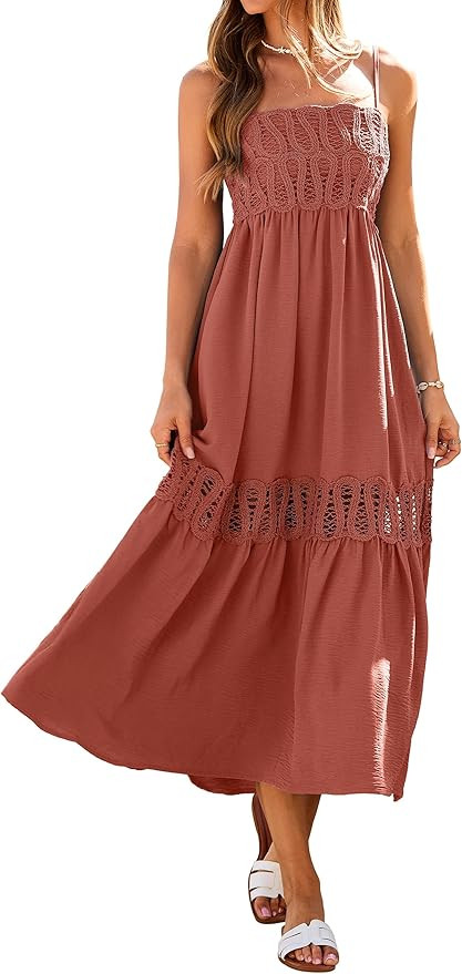 Glamaker Women's Summer Crochet Lace Maxi Dress 2026 Spaghetti Strap Smocked Flowy Beach Vacation... | Amazon (US)