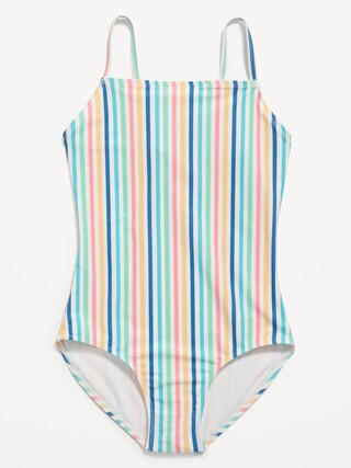 Printed Square-Neck Lattice-Back One-Piece Swimsuit for Girls | Old Navy (US)
