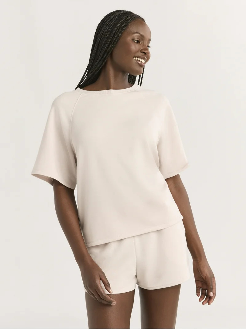 Joyspun Women's French Terry Short Sleeve Top and Shorts Set, 2-Piece, Sizes XS-3X | Walmart (US)