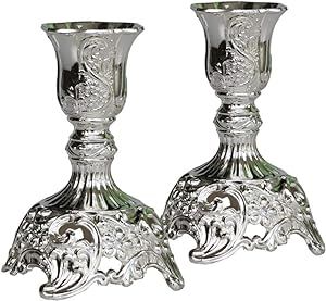 Silver Taper Candle Holders with Deluxe Engraved Design , Set of 2 Premium Metal Silver Candlesti... | Amazon (US)