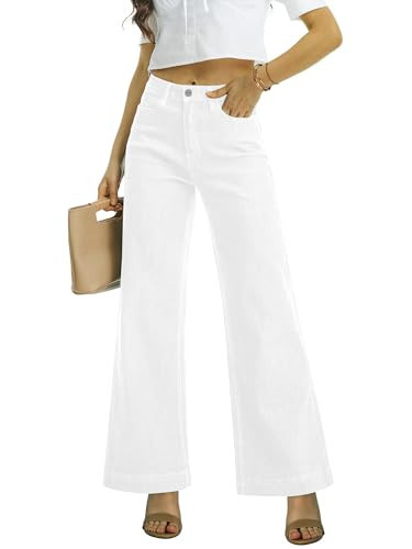 ONESO Womens White Wide Leg Jeans Stretchy High Rise Baggy Flare Jeans for Women Trendy Tummy Control Boyfriend Denim Pants Inseam 30" Size 14 | Amazon (US)