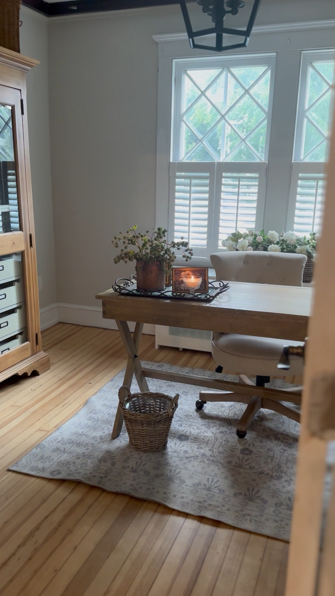 The prettiest baskets!  One I am using as a waste-basket, the other is filled with white flowers.  They are lined as well.  Such a soft tan neutral color, they go nicely with so many color schemes.
