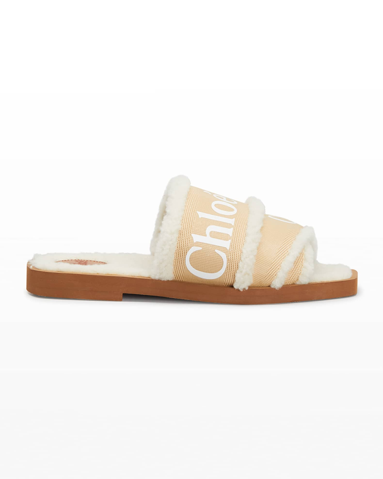Chloe Woody Shearling Logo Flat Sandals | Neiman Marcus