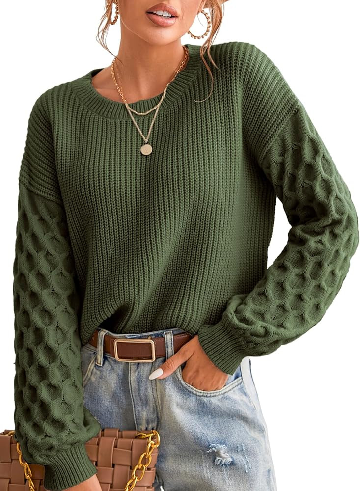 CUPSHE Women's Cable Knit Sweater Long Sleeve Crew Neck Sweaters Fall Pullover Sweater Tops | Amazon (US)