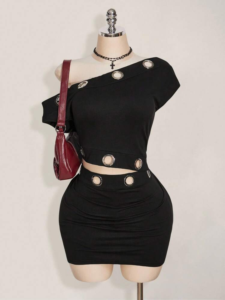 SHEIN ICON Plus Size Chic Sexy Oblique Shoulder Eyelet Decor Bodycon Mini Skirt 2 Pieces Set, Y2K... | SHEIN