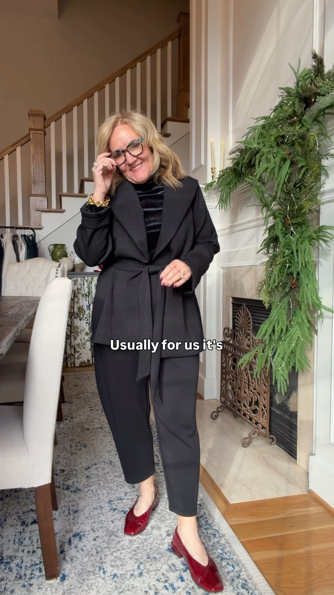 @spanx air essentials barrel pant and shimmer jacket. Pants size medium petite jacket size medium 
Stretch velvet turtleneck size up! I’m wearing a large. 
New flats that are so cute so comfy. Tts. Check out the Anthropologie sale! 

New Year’s Eve outfit holidays at home elevated loungewear 

#LTKOver40 #LTKHoliday 

#LTKPetite